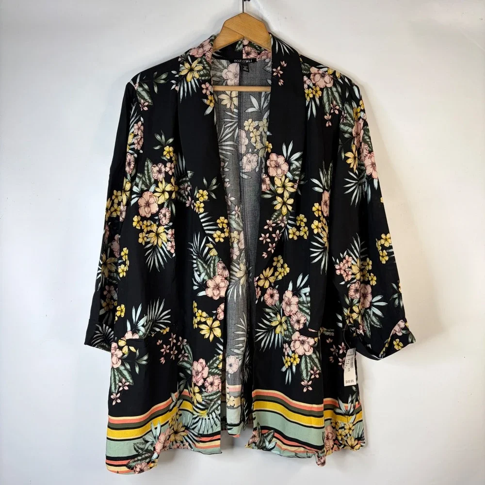 Roz & Ali Cardigan Women 2X Black Floral Tropical Open Front Pockets Rayon